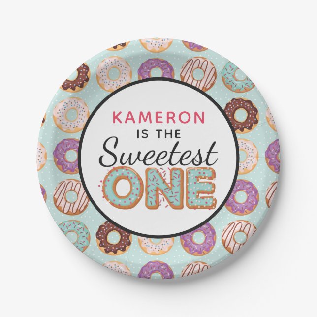 SWEETEST ONE Blue Iced Donuts Baby First Birthday Paper Plates (Front)