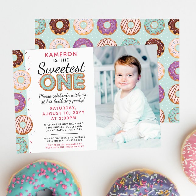 SWEETEST ONE Blue Iced Donuts First Birthday Photo Invitation (Creator Uploaded)