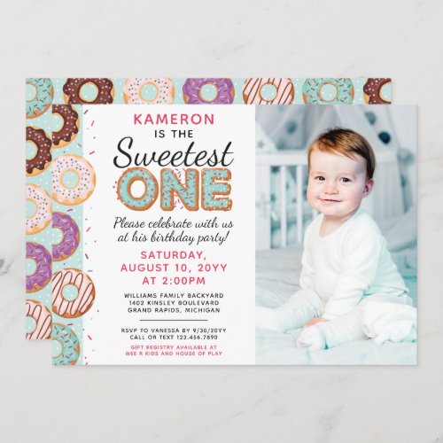 SWEETEST ONE Blue Iced Donuts First Birthday Photo Invitation