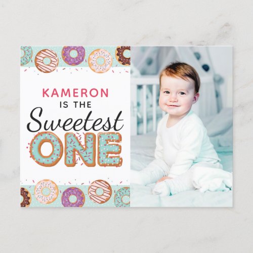 SWEETEST ONE Blue Iced Donuts First Birthday Photo Invitation Postcard