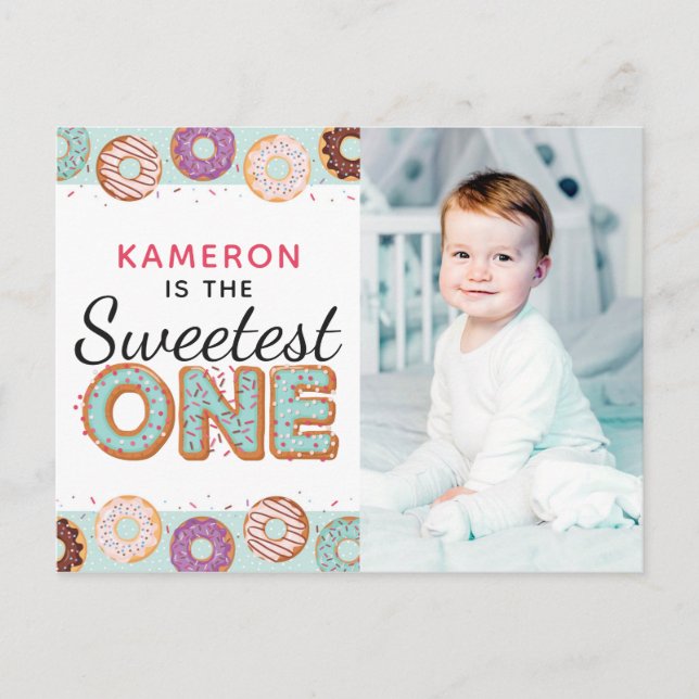 SWEETEST ONE Blue Iced Donuts First Birthday Photo Invitation Postcard (Front)