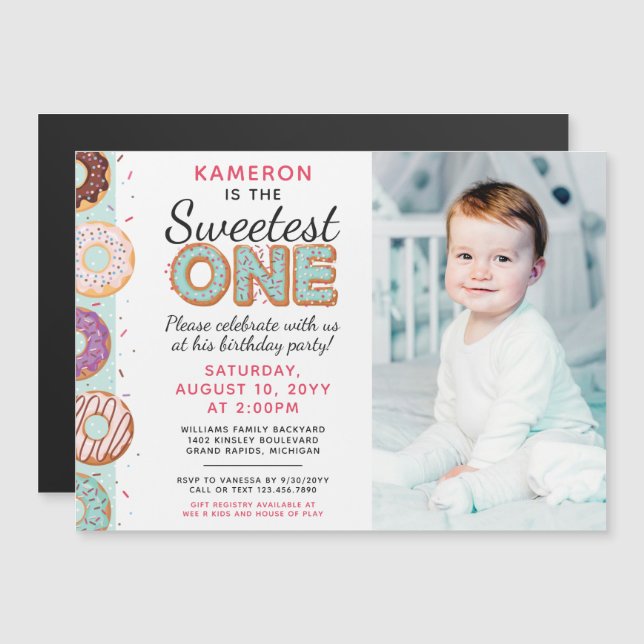 SWEETEST ONE Blue Iced Donuts First Birthday Photo Magnetic Invitation (Front/Back)
