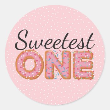 Sweetest One Pink Iced Donuts Baby First Birthday Classic Round Sticker by CyanSkyCelebrations at Zazzle