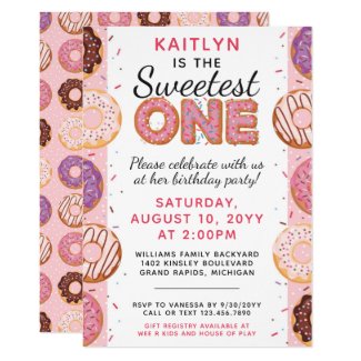 SWEETEST ONE Pink Iced Donuts Baby First Birthday Invitation