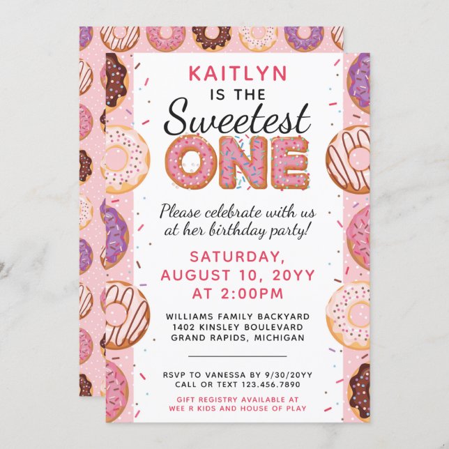 SWEETEST ONE Pink Iced Donuts Baby First Birthday Invitation (Front/Back)