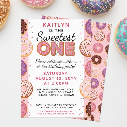 SWEETEST ONE Pink Iced Donuts Baby First Birthday Invitation