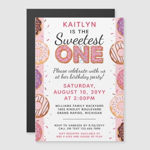 SWEETEST ONE Pink Iced Donuts Baby First Birthday Magnetic Invitation