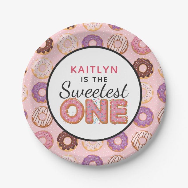 SWEETEST ONE Pink Iced Donuts Baby First Birthday Paper Plates (Front)