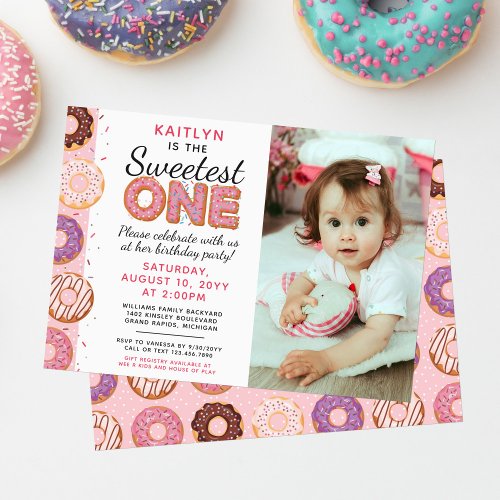 SWEETEST ONE Pink Iced Donuts First Birthday Photo Invitation