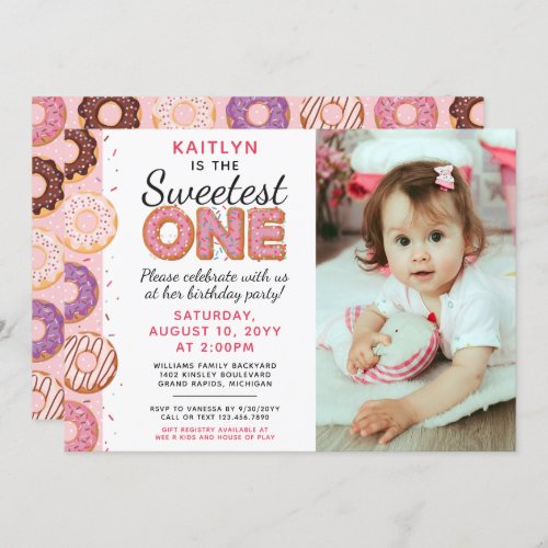 SWEETEST ONE Pink Iced Donuts First Birthday Photo Invitation