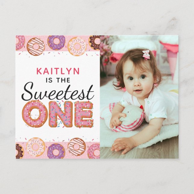 SWEETEST ONE Pink Iced Donuts First Birthday Photo Invitation Postcard (Front)