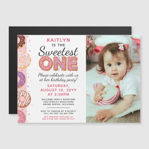 SWEETEST ONE Pink Iced Donuts First Birthday Photo Magnetic Invitation