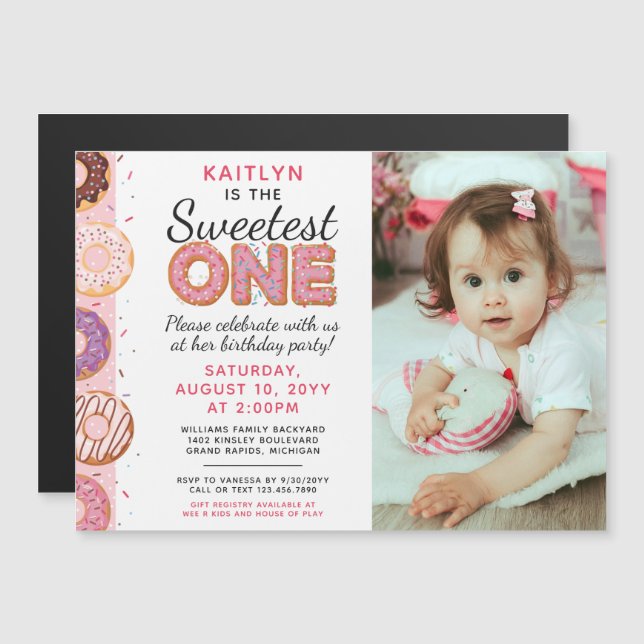 SWEETEST ONE Pink Iced Donuts First Birthday Photo Magnetic Invitation (Front/Back)