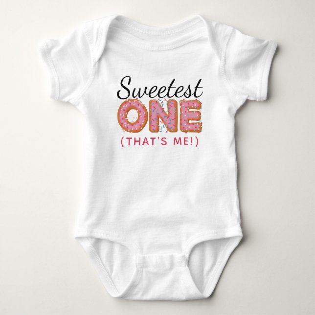 SWEETEST ONE Pink Iced Donuts Girl First Birthday Baby Bodysuit (Front)