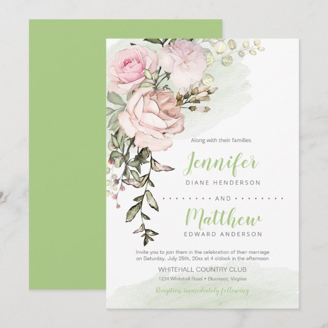 Sweetheart Blush Floral Drop on Green Wedding Invitation (Front/Back)