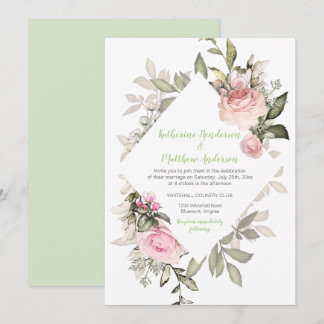 Sweetheart Blush Pink Roses Diamond Shape Frame Invitation