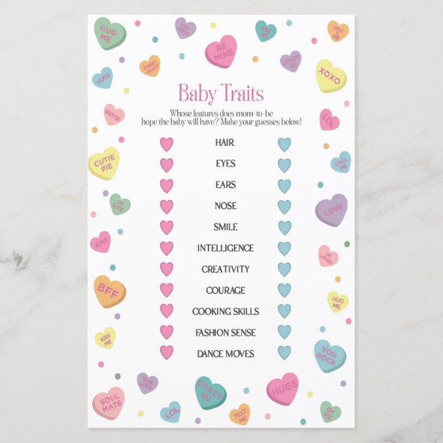 Sweetheart Candy Baby Traits Baby Shower Game (Front)