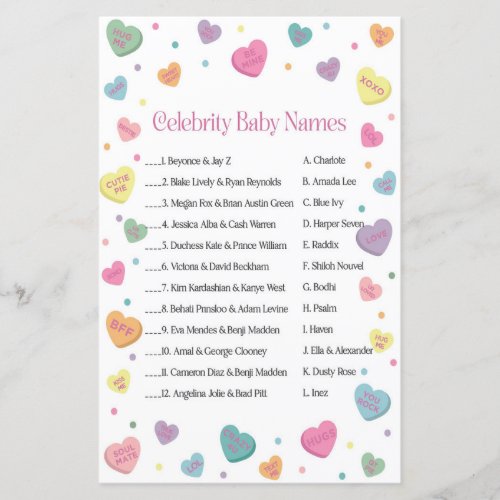 Sweetheart Candy Celebrity Names Baby Shower Game