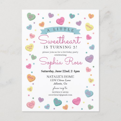 Sweetheart Candy February Birthday Party for Girl Postcard