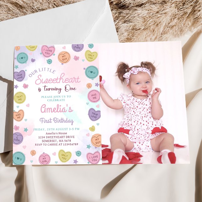 Sweetheart Candy Valentine 1st Birthday Invitation (Creator Uploaded)