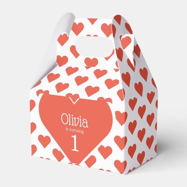Sweetheart First Birthday Party Red Heart Gable Favor Boxes (Front Side)
