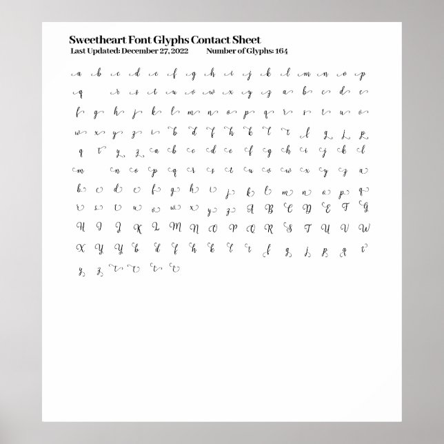 Sweetheart Font Glyphs Contact Sheet Poster (Front)