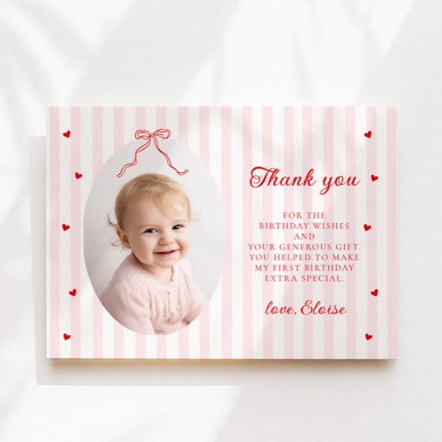 Sweetheart Girl 1st Birthday Flat Thank You Card (Creator Uploaded)