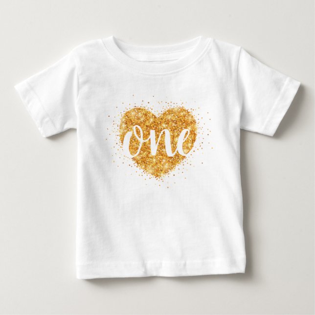 Sweetheart Gold Glitter Heart First Birthday Shirt (Front)