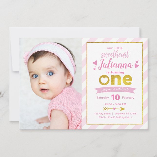 Sweetheart Gold Pink Valentine 1st Birthday Invite (Front)