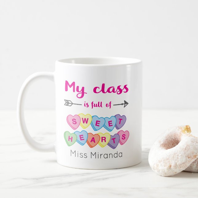 Sweetheart Hearts Personalized Teacher Valentines Coffee Mug (With Donut)