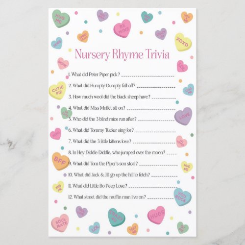 Sweetheart Nursery Rhyme Trivia Baby Shower Game