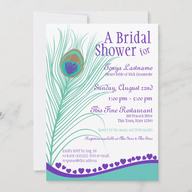 Sweetheart Peacock Feather Bridal Shower Invitation (Front)