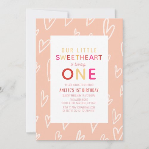 Sweetheart Pin Hearts Valentines Day 1st Birthday Invitation