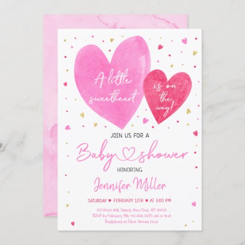 Sweetheart Pink Gold Hearts Baby Shower Invitation
