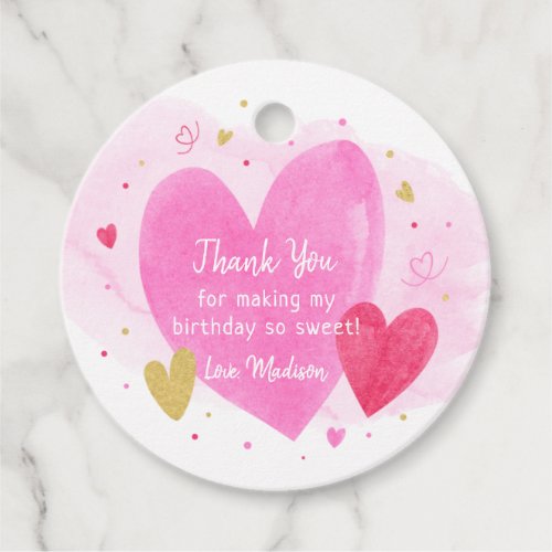 Sweetheart Pink Gold Hearts Birthday Favor Tags