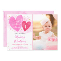 Sweetheart Pink Gold Hearts First Birthday Invitation