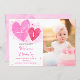 Sweetheart Pink Gold Hearts First Birthday Invitation