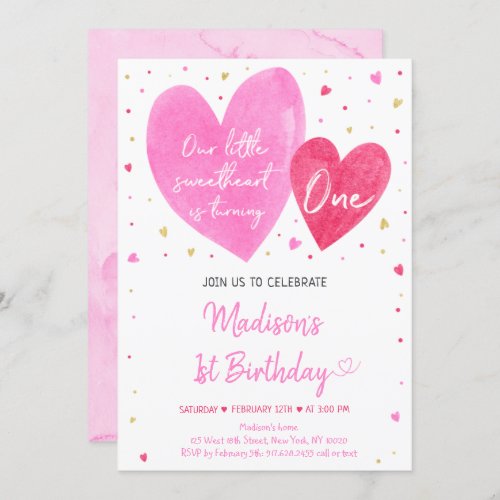 Sweetheart Pink Gold Hearts First Birthday Invitation