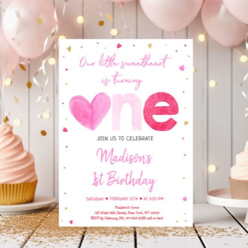 Sweetheart Pink Gold Hearts First Birthday Invitation