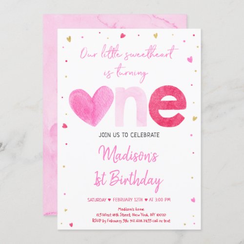 Sweetheart Pink Gold Hearts First Birthday Invitation
