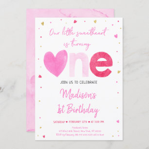 Sweetheart Pink Gold Hearts First Birthday Invitation