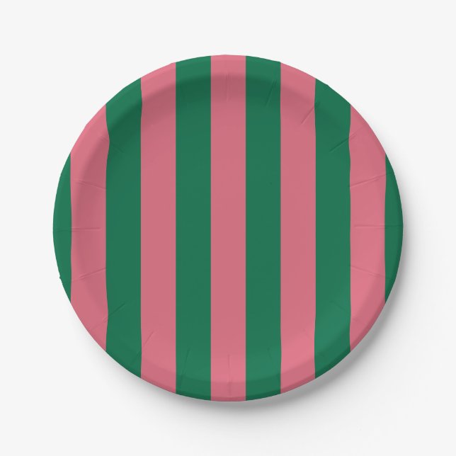 Sweetheart Pink Pickle Green Stripe Paper Plates (Front)