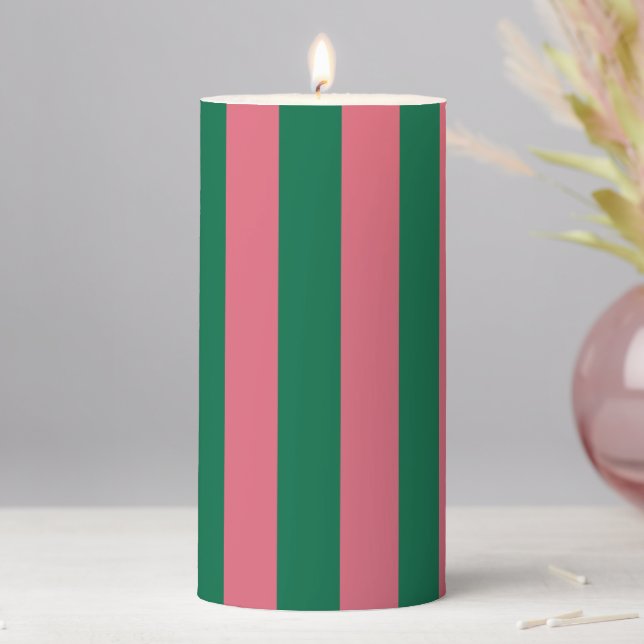 Sweetheart Pink Pickle Green Stripe Pillar Candle (In Situ)