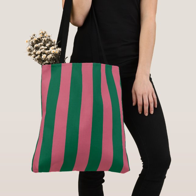 Sweetheart Pink Pickle Green Stripe Tote Bag (Close Up)