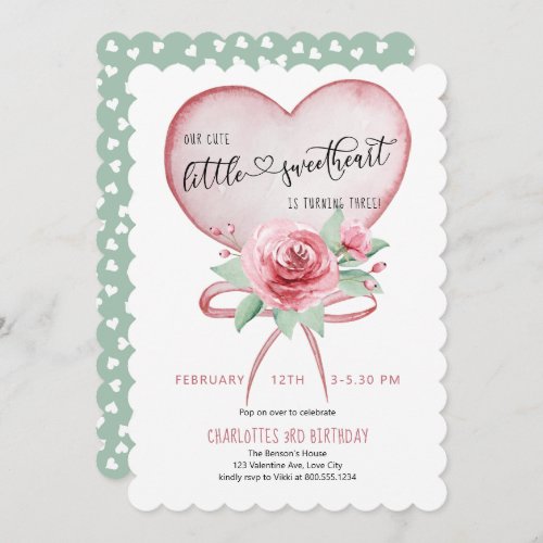 Sweetheart Pink Rose Floral Girls Heart Birthday Invitation