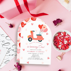 Sweetheart Pink Scooter Balloons Girl 1st Birthday Invitation