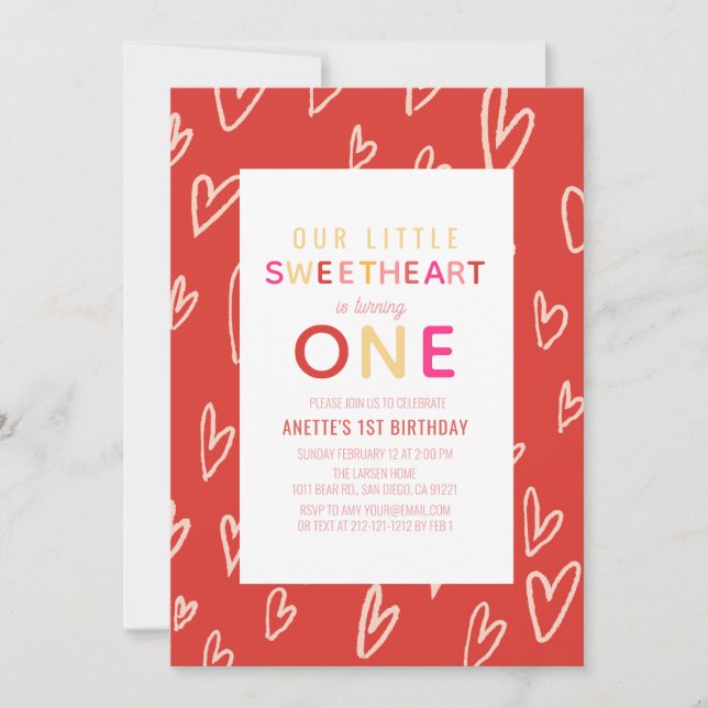 Sweetheart Red Hearts Valentine's Day 1st Birthday Invitation (Front)