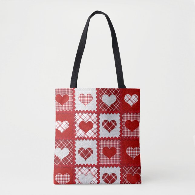 Sweetheart Red Plaids and Hearts Ric Rack Trim Fun Tote Bag (Front)