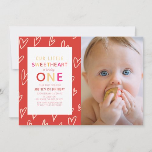 Sweetheart Red Valentines Day 1st Birthday Photo Invitation