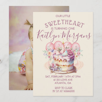 Sweetheart Valentine’s First Birthday Photo Invitation